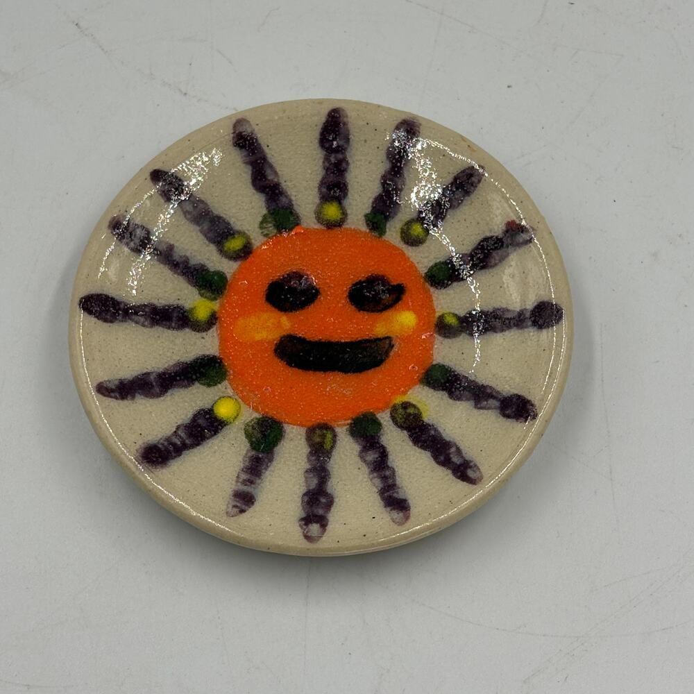 Handmade Studio Pottery Sun Face Plate Folk Art Orange Purple Ceramic 4.5"